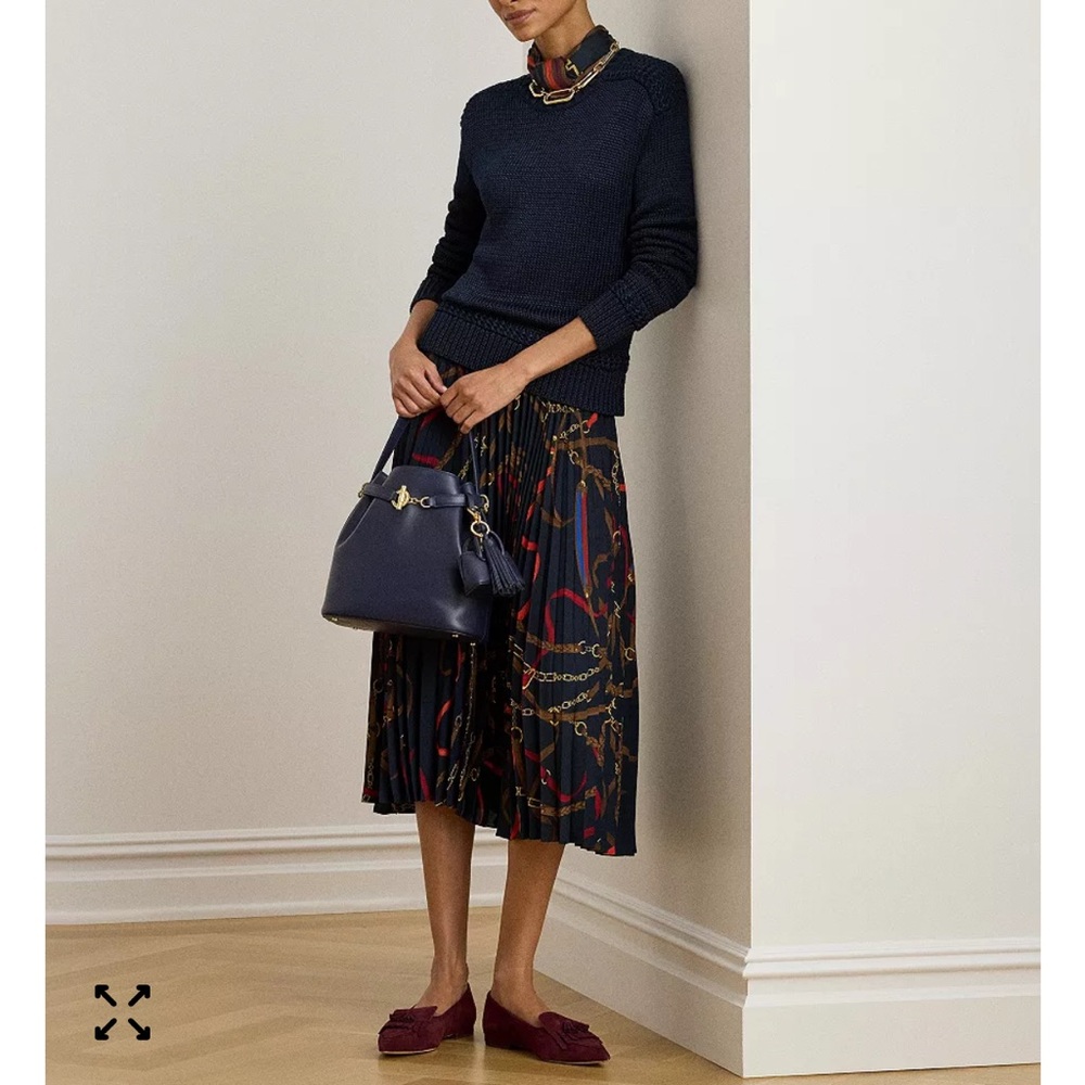 Lauren Ralph Lauren Navy Pleated Midi high waisted skirt 4 S Equestrian horse